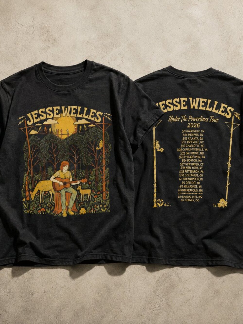 Jesse Welles Under The Powerlines Tour 2026 Double-Sided Black T-Shirt